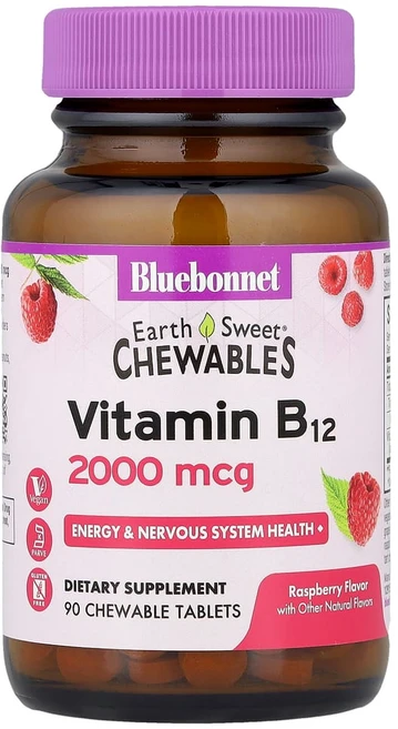 블루보넷 어쓰 스위트 비타민 B12 2000mcg 내추럴 라즈베리 글루텐 프리 비건 츄어블 타블렛, 1개, 90개입, 90정 - 쿠팡