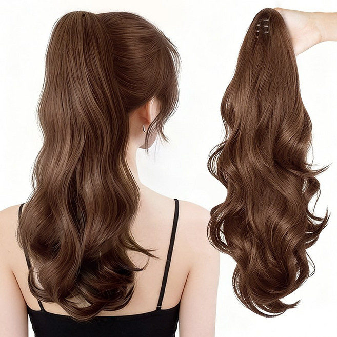 홈컴 가발 여성 패션 웨이브 집게 포니테일 부분가발, 1개, 라이트 브라운