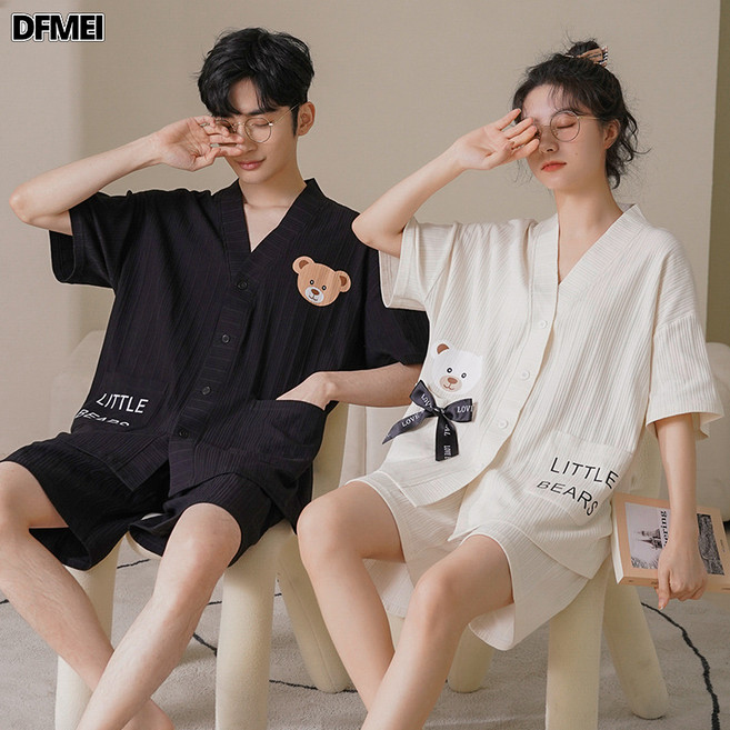 DFMEI 情侶睡衣女和服夏季棉質開衫可外穿卡通睡衣男女短袖短褲翻領套裝