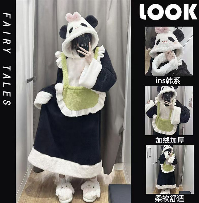 可愛圍兜熊貓睡衣女冬季珊瑚絨連帽睡袍加絨加厚保暖居家服可外穿