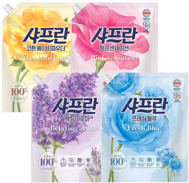샤프란 섬유유연제 2.1L 리필 4종 세트 (코튼베이비파우더+핑크센세이션+릴렉싱아로마+프레쉬블루), 1개
