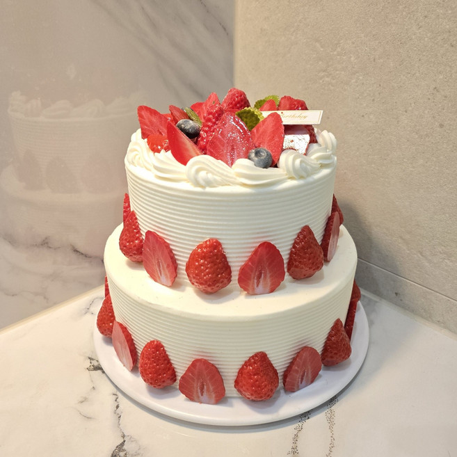 2단 딸기 모형케이크 웨딩촬영 웨딩스냅 브라이덜샤워 인테리어 파티 소품, 1개, 2단케이크단품, 레드 + 화이트
