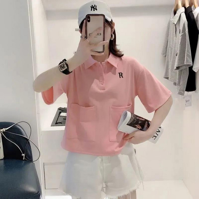 AOKADA 여성 카라 반팔 티셔츠 루즈핏 더블 포켓 여름 면티