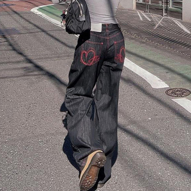 대박난박양 배색 하트 포인트 와이드 청바지(빅사이즈)