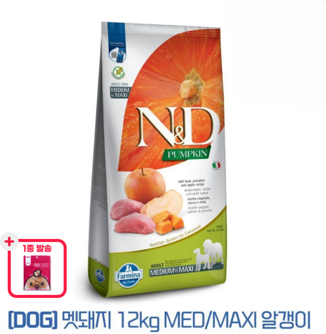 파미나 N&D 펌킨 DOG 멧돼지&사과 12Kg MEDIUM/MAXI 알갱이 + 닭츄 간식 시리즈 1P(랜덤), 1개, 혼합맛