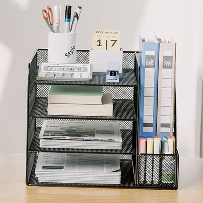 철제 파일 정리함 사무용 데스크 사무실 메쉬 파일 정리함 정리 펜꽂이 책꽂이 보관함 다용도 3단 문서, 블랙