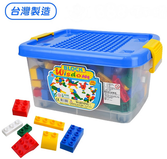 888玩具 888便利購 ST台灣製幼兒大塊益智積木300PCS滑輪桶裝收納組 品質佳 相容樂高得寶積木, 1個, Multicolor