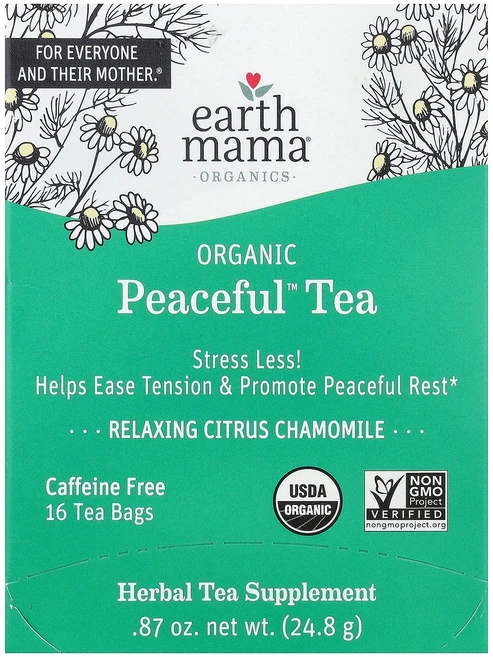 Earth Mama Organics 유기농 Peaceful 차 편안한 시트러스 카모마일 카페인 무함유 티백 16개 24.8g(0.87온스), 1 - 쿠팡