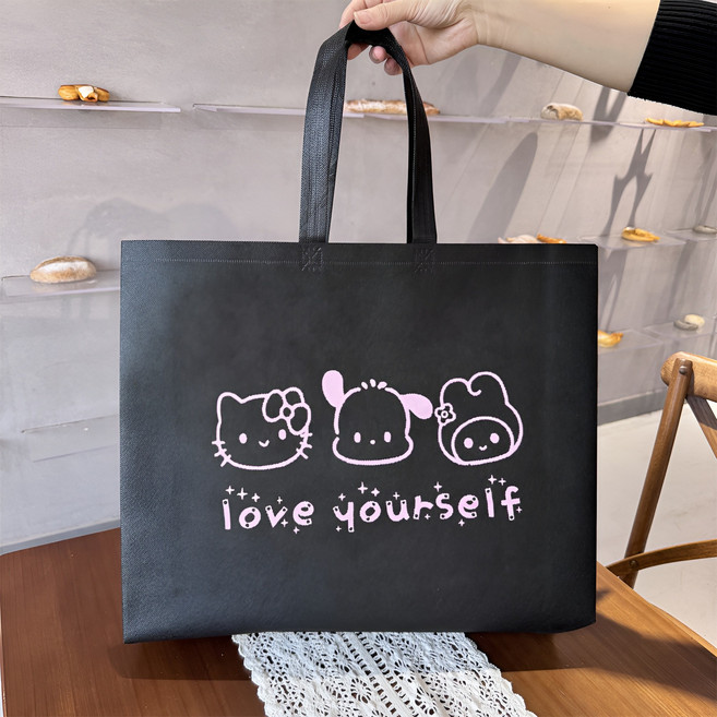 리유저블 방수 부직포 쇼핑백 큐티 KT 캣 부직포 쇼핑백, 블랙40*31*10CM, 10개