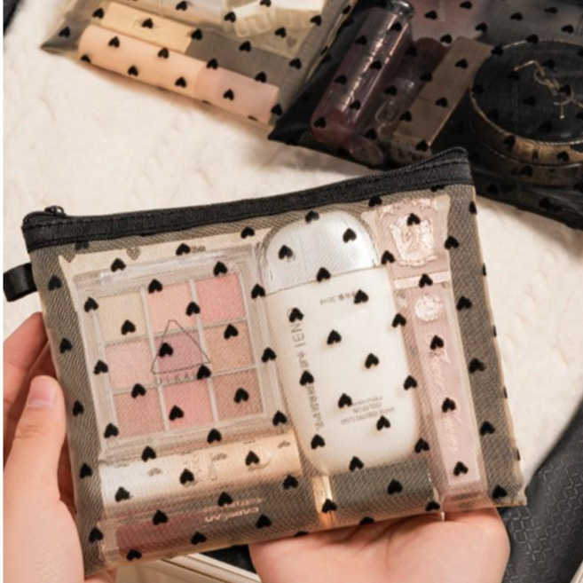 글로우엘 하트 메쉬 파우치 여행용 중형 다용도 수납파우치 하트도트 망사 세면 메이크업 이너백