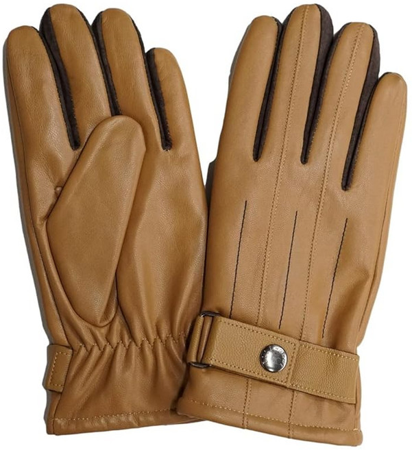 엘옴므 ELLEHomme 남성 레더 로브 마치 스웨이드 기모 각인 금속품 벨트달린 가죽 장갑 케이스 포함 (머스타드 × D브라운 24cm)