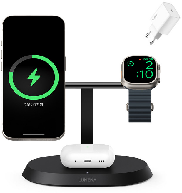 루메나 3in1 맥세이프 15W 무선충전기 STATION, 차콜 블랙, 1개