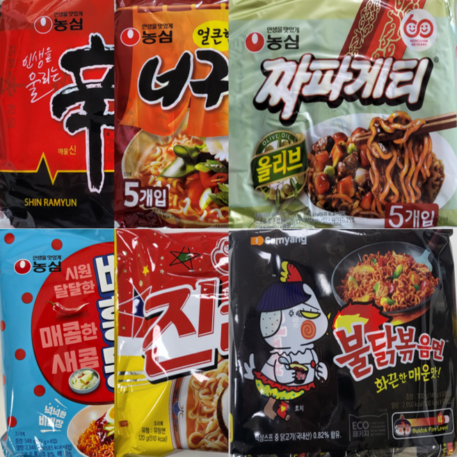 신라면 5개 + 너구리 5개 + 짜파게티 5개 + 배홍동 4개 + 진라면매운맛 5개 + 불닭볶음면 5개, 1세트
