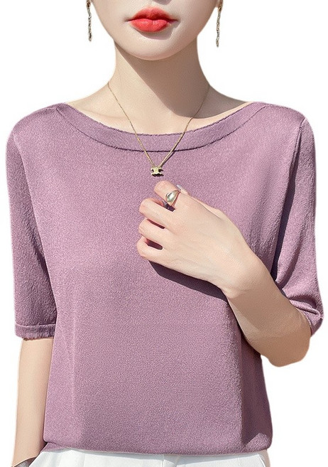 여성 쿨냉감 보트넥 반팔 니트 티셔츠 루즈핏 부드러운 데일리 레이어드 H5293