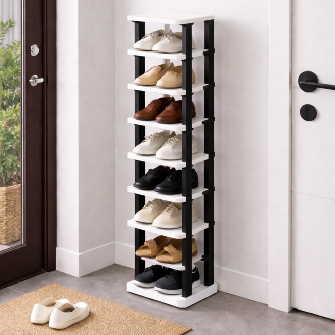 로즈바운드 조립식 현관 거실 틈새 신발 정리대 신발장 9단, 블랙+화이트, 1개