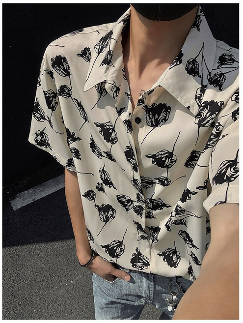 Asure 남자 여름 반팔 꽃무늬 셔츠 하와이안 반팔 셔츠 데일리룩