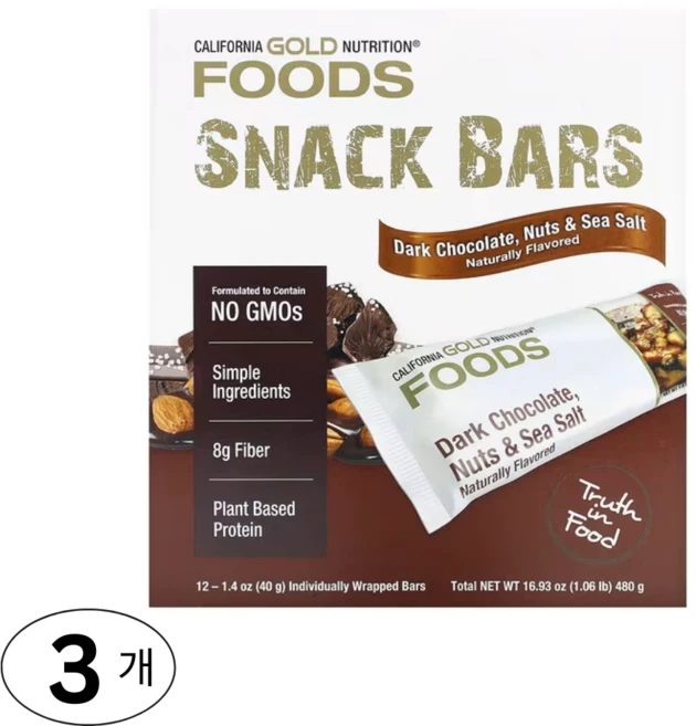 California Gold Nutrition 스낵 바 다크 초콜릿 땅콩 씨솔트 에너지바 12개입, 3개 - 쿠팡