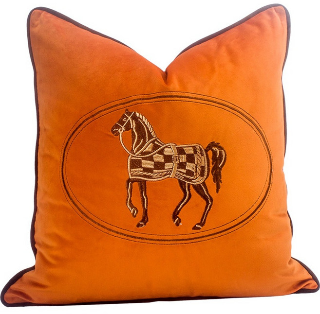 북유럽 H 말 고급 명품 인테리어 쇼파 쿠션 벨벳 실크 자수, 50x50cm (솜 포함), 오렌지 말