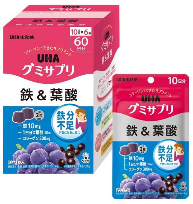 일본젤리 【EC 한정】UHA 젤리 서플리먼트 철 & 엽산 60일분 (10일분 × 6박스), 240정