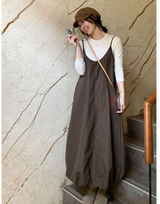 메인워크 여성 빅사이즈 멜빵 원피스 봄가을 빈티지 데일리 루즈핏 패션 기질 슬림핏 임부복 멜빵 스커트