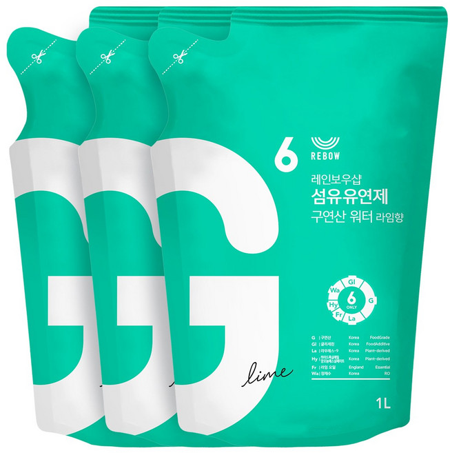 레인보우샵 섬유유연제 구연산 워터 라임향 1L 리필 3개