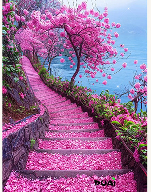 푸아이 보석십자수 아름다운 벚꽃 오솔길 풍경 모음 4종 원형큐빅 DIY 명화 홈인테리어, 70x95cm, 1개, NO.1