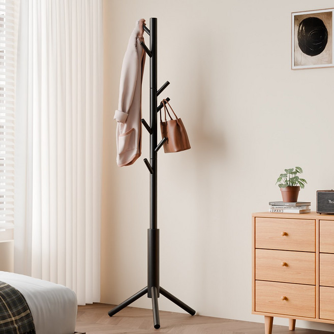 하이주 튼튼한 원목 스탠드 옷걸이 삼각형 8구 나무형 행거 트리, 블랙