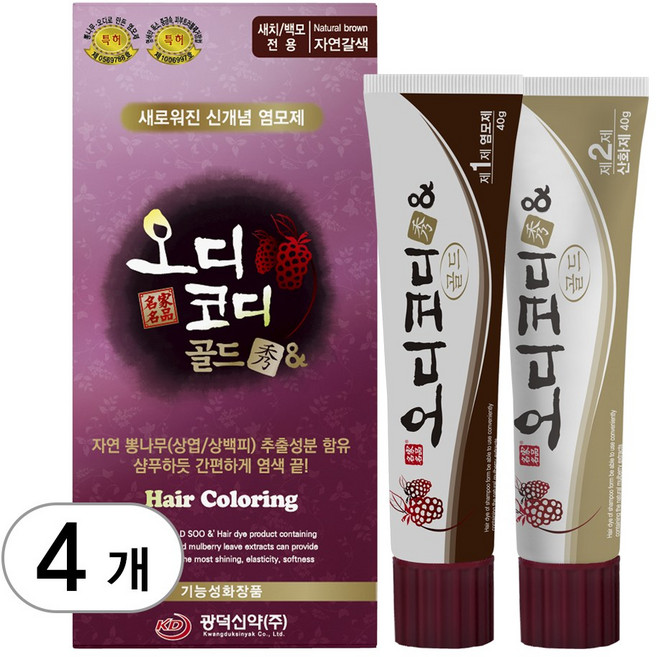 오디코디골드수앤 (새치/백모용) 80g (튜브형) / 피부 비자극 시험 완료 뽕나무 염색약, 자연갈색, 4개
