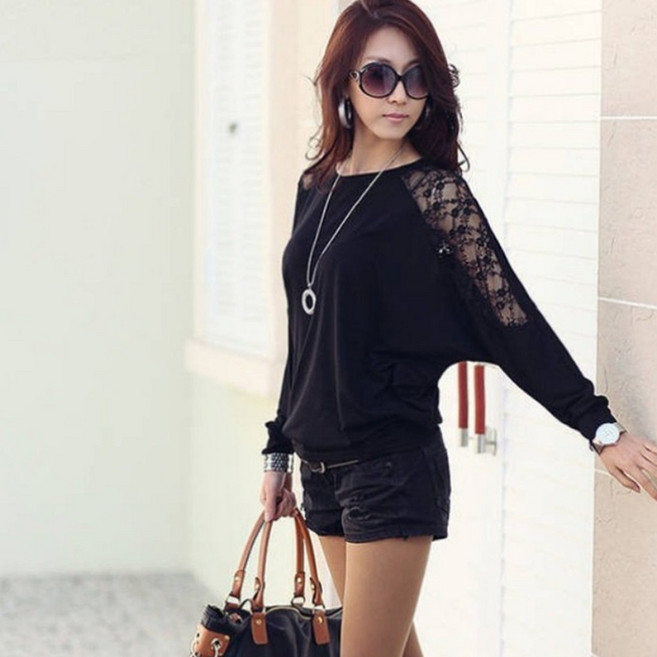 besteffie 여성상의 봄 가을 라운드넥 무지 루즈핏 레이스 가오리핏 빅사이즈 여성긴팔티셔츠 여름 C88