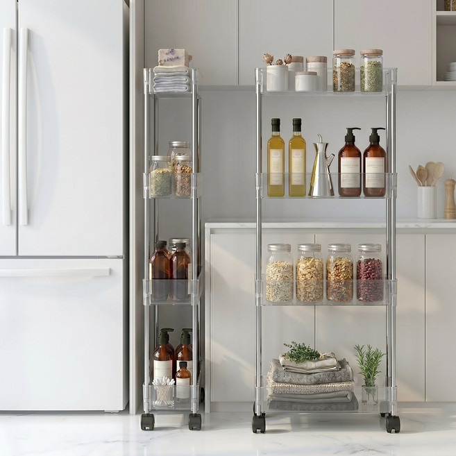 이동식 틈새트롤리 슬림 수납선반 주방 욕실 세탁실 정리대, 화이트, 4단