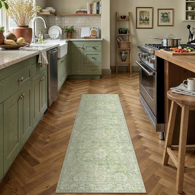 WondRg 2x6 Cream Washable Runner Rug for Kitchen Hallway Neutral Floral Soft Non Slip Rug Low Pile