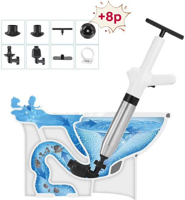 ZOZOFO 쾌속 고압 뚫어뻥 스테인리스 내장 펌프 압축기 펌핑식 초강력 에어 변기뚫어뻥 하수구 변기 화장실, 화이트