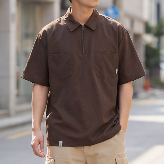 루크 남성 여름 반집업 포켓 반팔 카라티 데일리 시원한 반지퍼 레이어드 상의 캐주얼 베이직 편안한 티셔츠