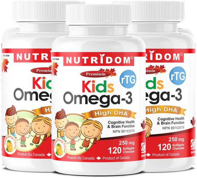 뉴트리돔 키즈 오메가3 고함량DHA 츄어블 어린이 Kids Omega-3 High DHA Chewable 120소프트젤 캐나다 직구, 3개, 120정