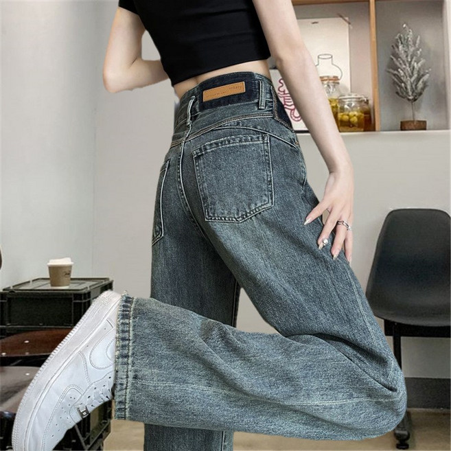 AOKADA 여성 빈티지 와이드 청바지 루즈핏 일자 통 바지 롱 팬츠 여자 하이웨스트 스트레이트