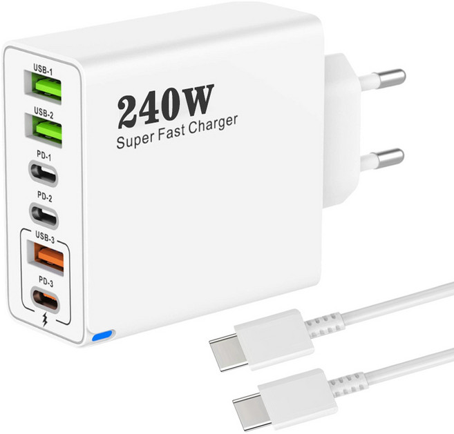 6in1 c타입 고속 충전기 240W 3USB+3PD3.0 + C TO C 1M 100w 케이블 세트, 1세트, 흰색