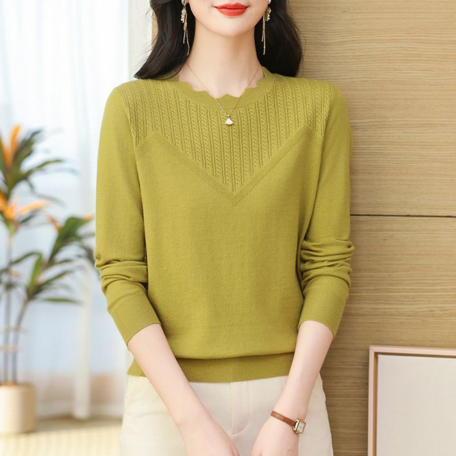 Neirny 중년여성 빅사이즈 라운드넥 니트 스웨터 티 봄가을 루즈핏 간절기 스판 엄마옷 심플 루즈핏 숏 레깅스 얇은 이너 티셔츠 상의