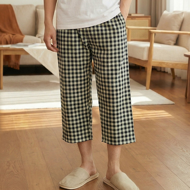 7부 기장 고슬고슬한 촉감 남성 여성 깅엄 체크 주머니 파자마 잠옷 바지 P-1017