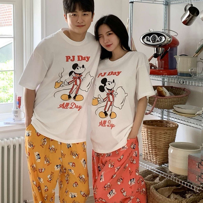 올데이 긴바지 커플 잠옷 세트 디즈니 미키마우스 미니 캐릭터 반팔 티셔츠 파자마 홈웨어 잠옷