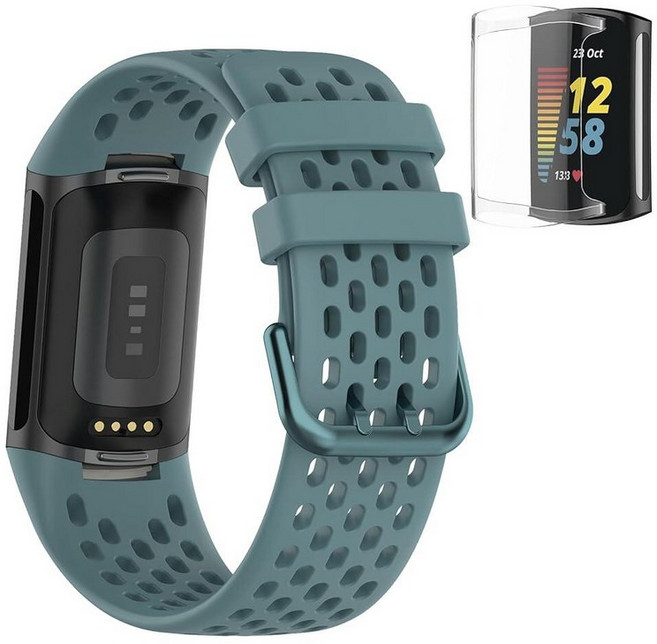 Fitbit Charge 5와 호환되는 밴드 에어 홀 디자인 실리콘 스포츠 밴드 스트랩 Fitbit Charge 6 / Charge 5용 TPU 투명 액정보호필름 케이스, 블루