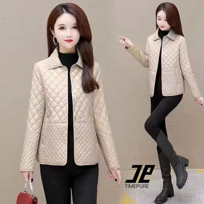 타임퓨어 가을 여성 다이아몬드 체크 패딩 자켓 루즈핏 캐주얼 경량 점퍼 엄마옷 스타일리시한 소프트 패딩 아우터