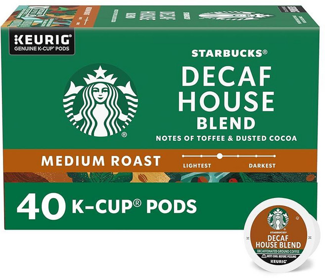 Starbucks 디카페인 K컵 커피 포드 큐리그 브루어용 하우스 블렌드 40개 261325, 11.2g, 1