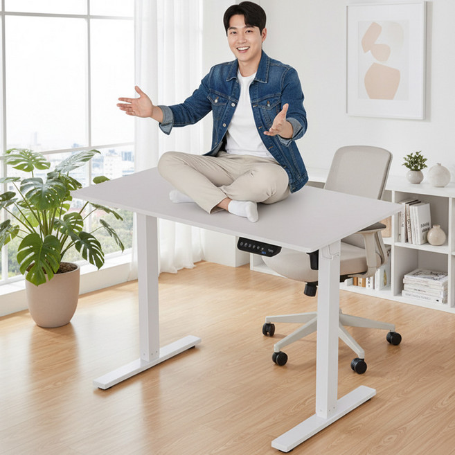 [KC인증] 씽크라이프 튼튼한 대형 전동 모션데스크 높이조절 스탠딩 책상 사무용 게이밍 재택근무, 화이트