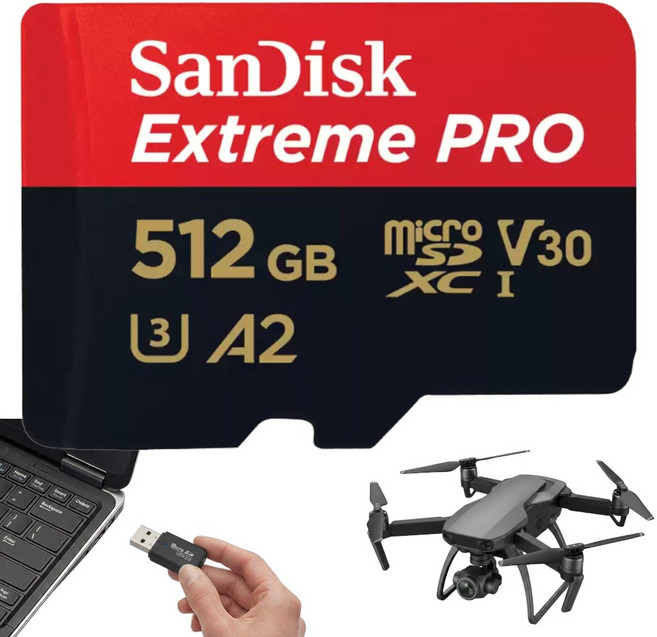 샌디스크 고성능 메모리카드 드론 MicroSD DJI Mini4Pro Air3 Mavic3Pro Avata2 Mini3 Mini3Pro 호환 Extreme PRO + 리더기 패키지, 1개, 512GB