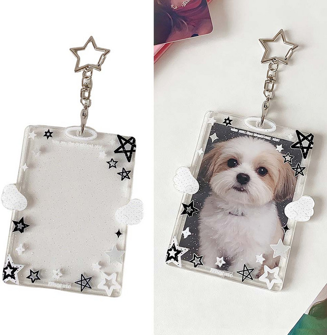 루베이 별 날개 포토카드 키링 분실 방지 휴대 간편 스몰카드 수납 전시 분실 방지 학생증/사진/선물, 흰색, 1개