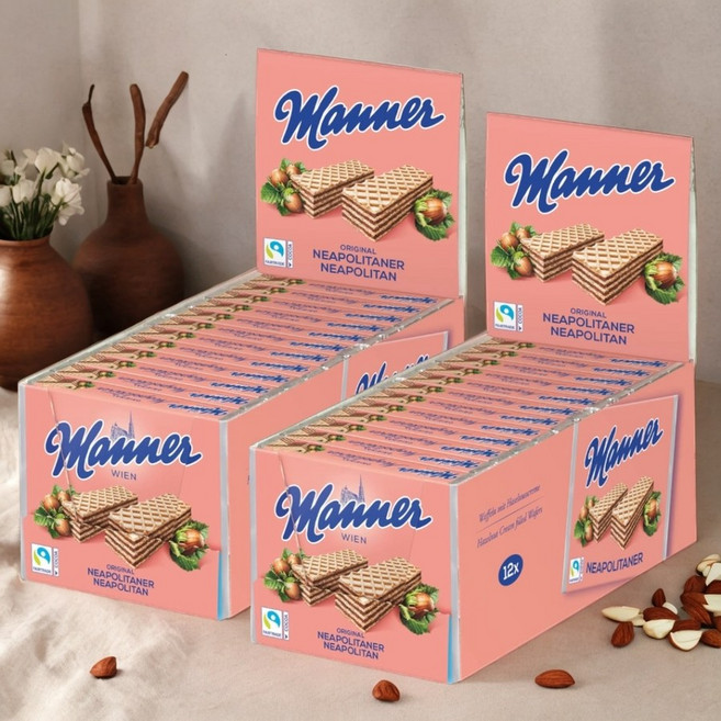 오스트리아 마너 나폴리탄 채식 비건 바삭 식물성 웨하스 헤이즐넛 크림 24팩, 75g, 24개