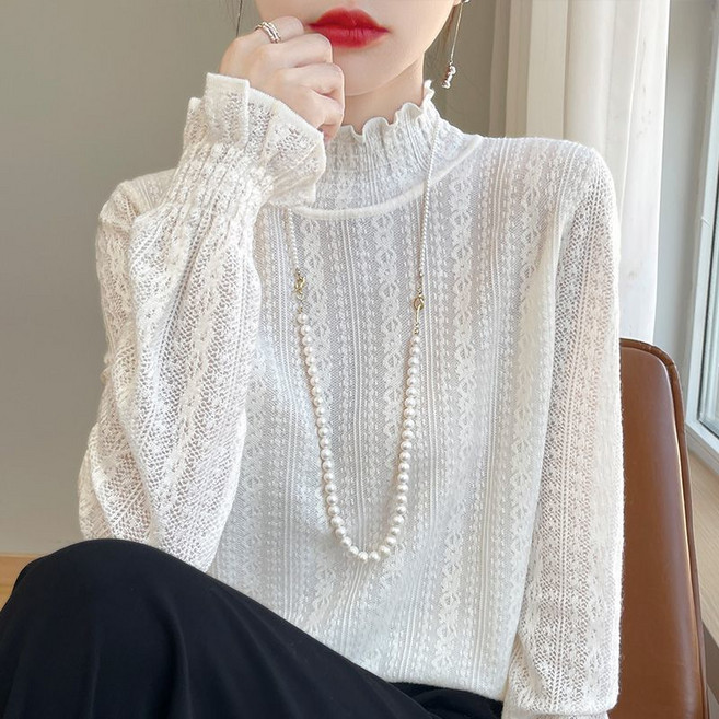 Makone 여성 반폴라 물결핏트리밍 프렌치 솔리드 트랜드 코디 얇은 레이스 긴팔 티셔츠 루즈핏