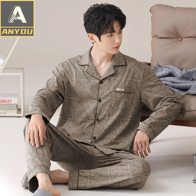 ANYOU 남성 긴팔 잠옷 상하의 세트 빅사이즈 부드러운 면 홈웨어 파자마