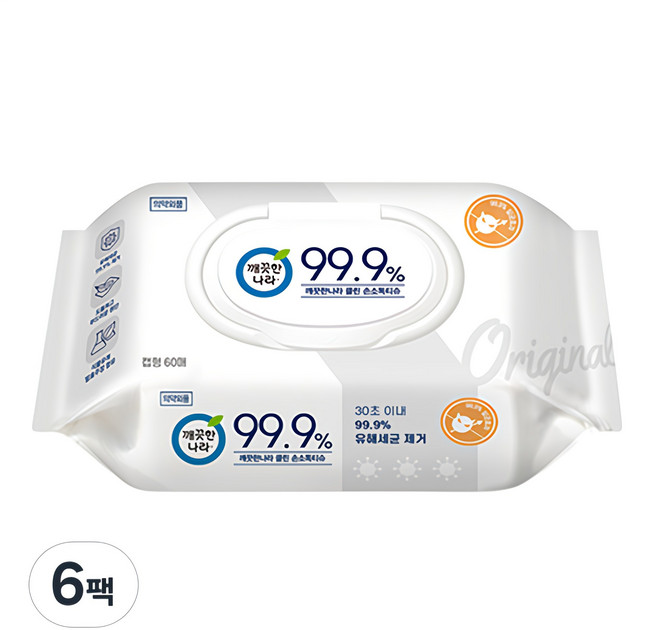 깨끗한나라 99.9 클린 손소독티슈 캡형, 60매, 6개