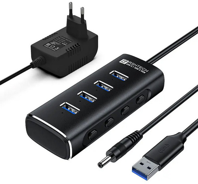 RSHTECH USB 허브 4 포트 개별 스위치가 있는 10Gbps 초고속 데이터 전송 확장기 노트북 PC 컴퓨터용 USB 분배기, [04] with EU Plug Adapter, 1개